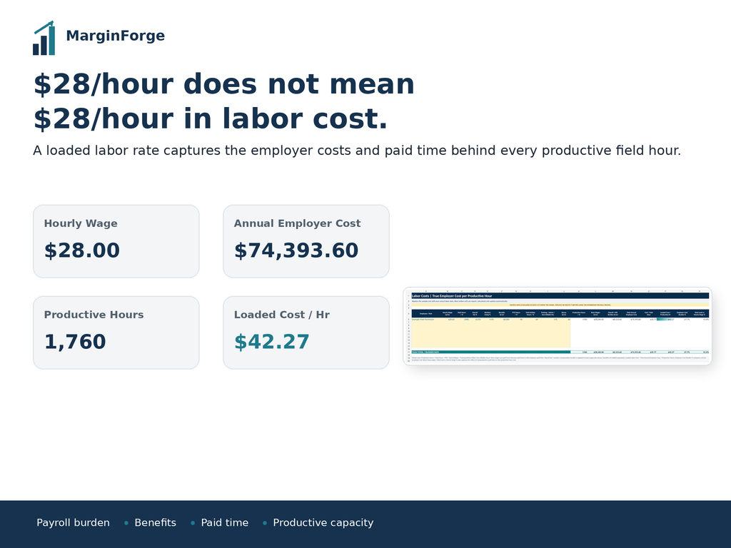 Contractor labor cost example comparing $28 hourly wage with $74,393.60 annual employer cost, 1,760 productive hours and $42.27 loaded cost per hour.