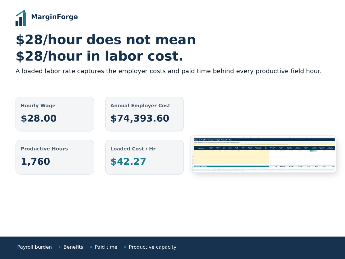 Contractor labor cost example comparing $28 hourly wage with $74,393.60 annual employer cost, 1,760 productive hours and $42.27 loaded cost per hour.